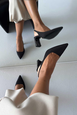 Jude Kalın Topuk 8 Cm Siyah Mat Saten Stiletto