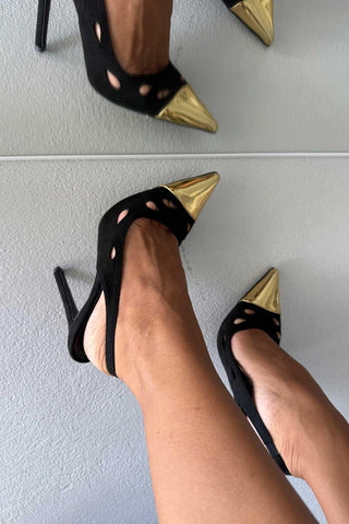Jones Gold Detaylı İnce Topuk 12 Cm Siyah Süet Stiletto