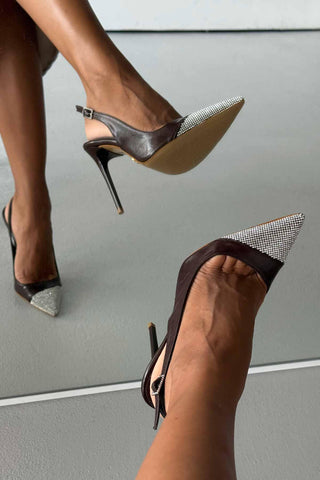 Jewel Taş Detaylı İnce Topuk 12 Cm Kahve Kırışık Rugan Stiletto