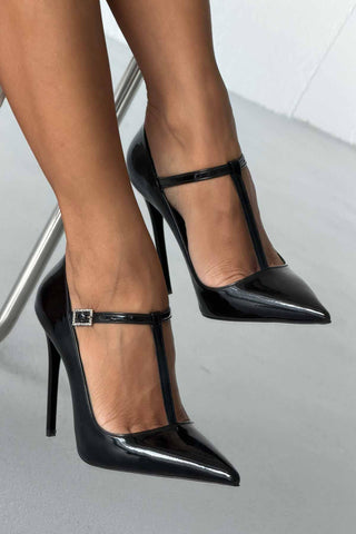 Wren Taşlı Toka Detaylı İnce Topuk 12 Cm Siyah Rugan Stiletto