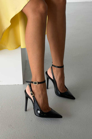 Zion Toka Detaylı İnce Topuk 12 Cm Siyah Rugan Stiletto