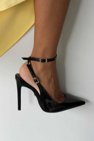 Zion Toka Detaylı İnce Topuk 12 Cm Siyah Rugan Stiletto