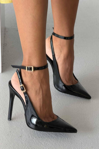 Zion Toka Detaylı İnce Topuk 12 Cm Siyah Rugan Stiletto