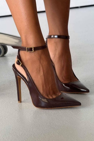 Zion Toka Detaylı İnce Topuk 12 Cm Acı Kahve Rugan Stiletto