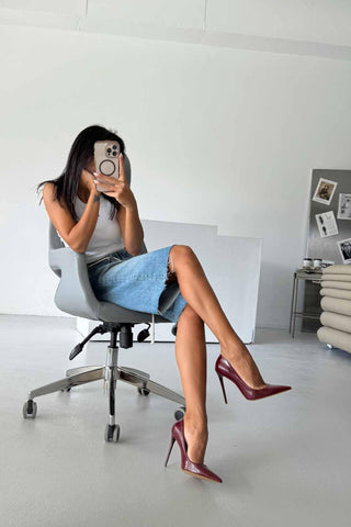 Opra İnce Topuk 12 Cm Bordo Kırışık Rugan Stiletto