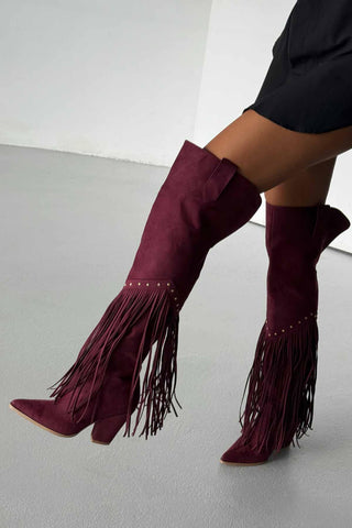 Fringe Püsküllü Ve Trok Detaylı Kovboy Kalın Topuk 9 Cm Bordo Süet Çizme