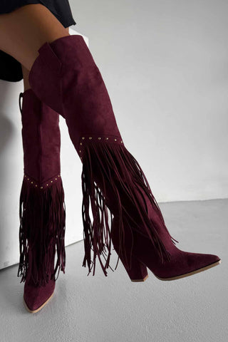 Fringe Püsküllü Ve Trok Detaylı Kovboy Kalın Topuk 9 Cm Bordo Süet Çizme