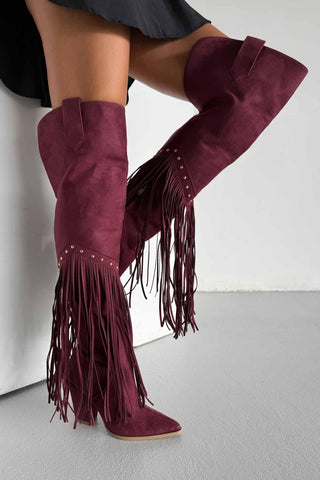 Fringe Püsküllü Ve Trok Detaylı Kovboy Kalın Topuk 9 Cm Bordo Süet Çizme