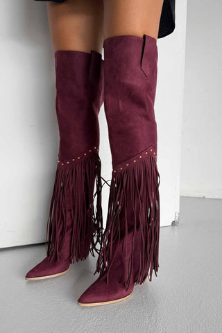 Fringe Püsküllü Ve Trok Detaylı Kovboy Kalın Topuk 9 Cm Bordo Süet Çizme