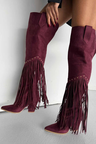 Fringe Püsküllü Ve Trok Detaylı Kovboy Kalın Topuk 9 Cm Bordo Süet Çizme