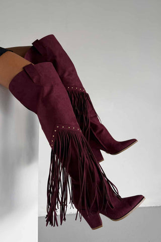 Fringe Püsküllü Ve Trok Detaylı Kovboy Kalın Topuk 9 Cm Bordo Süet Çizme