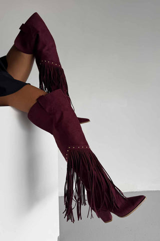 Fringe Püsküllü Ve Trok Detaylı Kovboy Kalın Topuk 9 Cm Bordo Süet Çizme