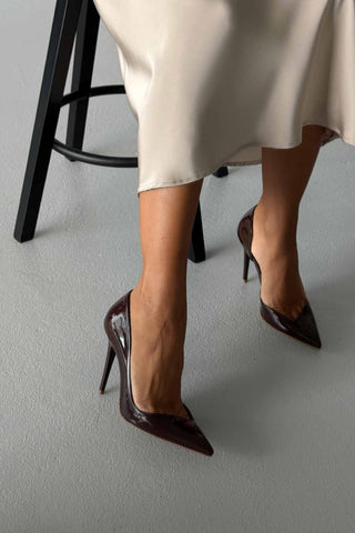 Swag İnce Topuk 10 Cm Acı Kahve Rugan Stiletto