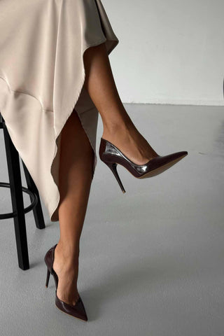 Swag İnce Topuk 10 Cm Acı Kahve Rugan Stiletto