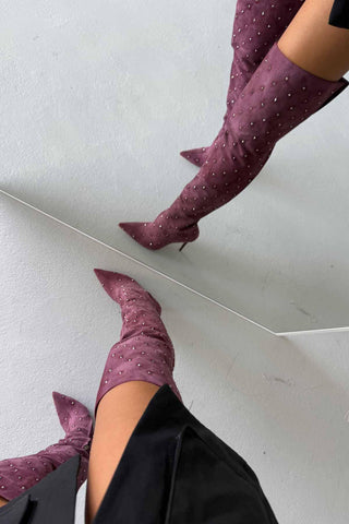 Paint Diz Üstü İnce Topuk 10 Cm Bordo Süet Taşlı Çizme