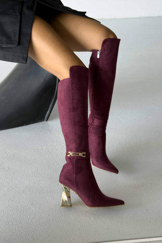 Thalia Toka Detaylı Kalın Topuk 8 Cm Bordo Süet Çizme