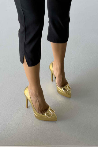 Gunhild Toka Detaylı İnce Topuk 13 Cm Gold Platform