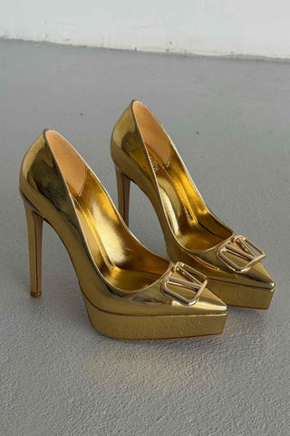 Gunhild Toka Detaylı İnce Topuk 13 Cm Gold Platform
