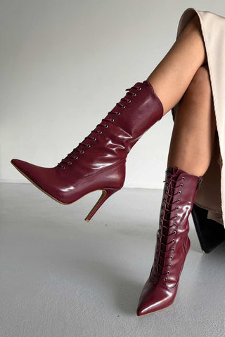 Nemesis Bağcıklı İnce Topuk 10 Cm Bordo Kırışık Rugan Bot