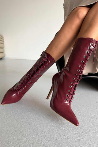 Nemesis Bağcıklı İnce Topuk 10 Cm Bordo Kırışık Rugan Bot