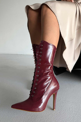 Nemesis Bağcıklı İnce Topuk 10 Cm Bordo Kırışık Rugan Bot