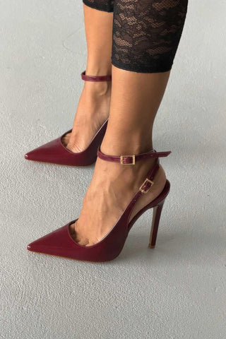 Zion Toka Detaylı İnce Topuk 12 Cm Bordo Rugan Stiletto