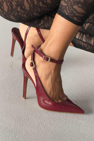 Zion Toka Detaylı İnce Topuk 12 Cm Bordo Rugan Stiletto