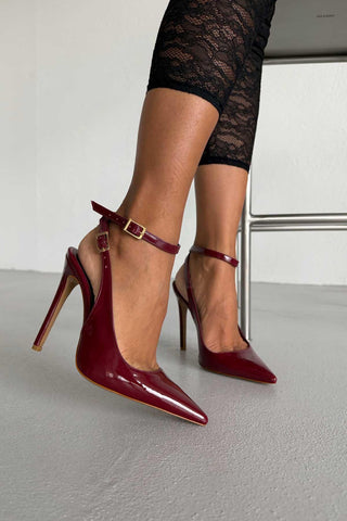 Zion Toka Detaylı İnce Topuk 12 Cm Bordo Rugan Stiletto