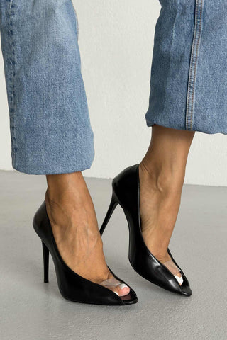 Loan Şeffaf Detaylı İnce Topuk 10 Cm Siyah Mat Stiletto