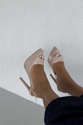 Heimdall Toka Detaylı İnce Topuk 13 Cm Nude Rugan Platform