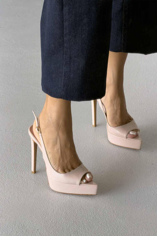 Heimdall Toka Detaylı İnce Topuk 13 Cm Nude Rugan Platform