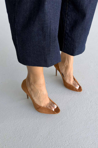 Loan Şeffaf Detaylı İnce Topuk 10 Cm Taba Süet Stiletto