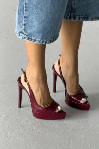 Heimdall Toka Detaylı İnce Topuk 13 Cm Bordo Rugan Platform
