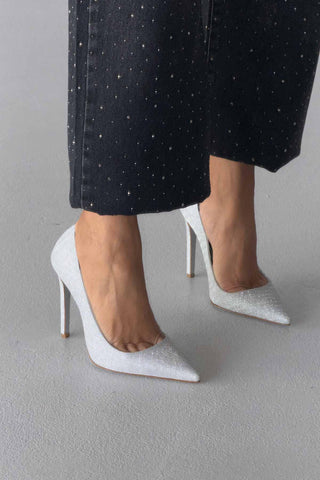 Woods Simli Taban İnce Topuk 12 Cm Gümüş Simli Stiletto