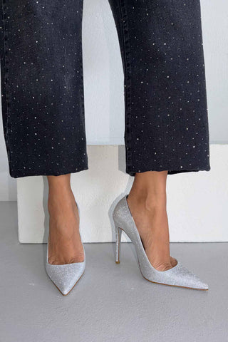 Woods Simli Taban İnce Topuk 12 Cm Gümüş Simli Stiletto