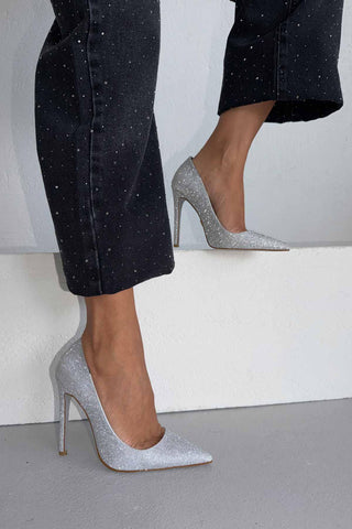 Woods Simli Taban İnce Topuk 12 Cm Gümüş Simli Stiletto