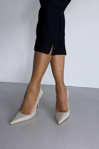 Woods Simli Taban İnce Topuk 12 Cm Gold Simli Stiletto