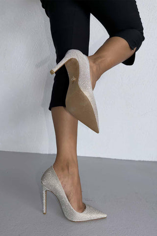 Woods Simli Taban İnce Topuk 12 Cm Gold Simli Stiletto