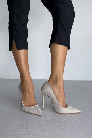 Woods Simli Taban İnce Topuk 12 Cm Gold Simli Stiletto