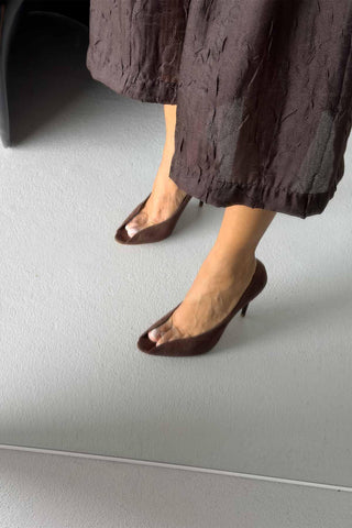 Loan Şeffaf Detaylı İnce Topuk 10 Cm Acı Kahve Süet Stiletto