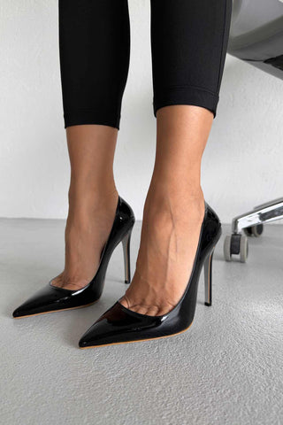 Daria Simli Taban İnce Topuk 12 Cm Siyah Rugan Stiletto