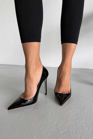 Daria Simli Taban İnce Topuk 12 Cm Siyah Rugan Stiletto