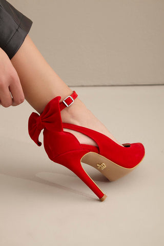 Wizard Papyon Detaylı İnce Topuk 10 Cm Kırmızı Süet Stiletto