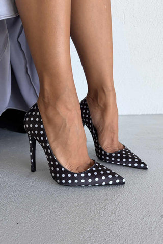 Fia İnce Topuk 12 Cm Siyah Beyaz Puantiyeli Stiletto