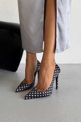 Fia İnce Topuk 12 Cm Siyah Beyaz Puantiyeli Stiletto