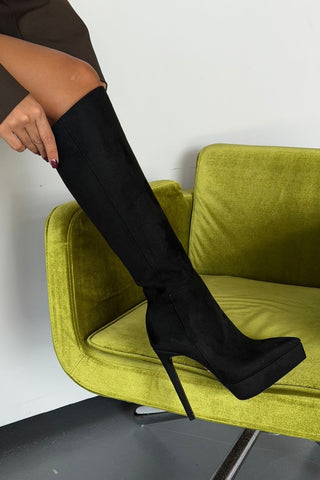 Otis İnce Topuk 13 Cm Siyah Süet Platform Çizme