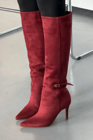 Noelle Toka Detaylı İnce Topuk 10 Cm Bordo Süet Çizme