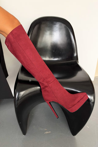 Otis İnce Topuk 13 Cm Bordo Süet Platform Çizme