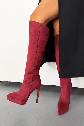 Otis İnce Topuk 13 Cm Bordo Süet Platform Çizme