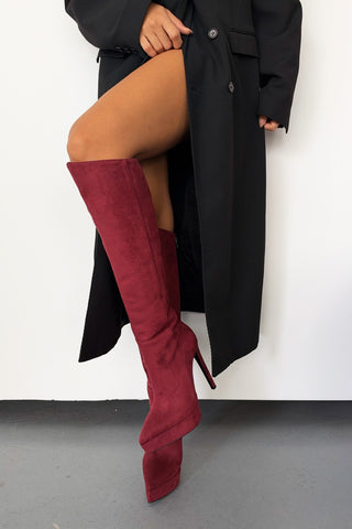 Otis İnce Topuk 13 Cm Bordo Süet Platform Çizme